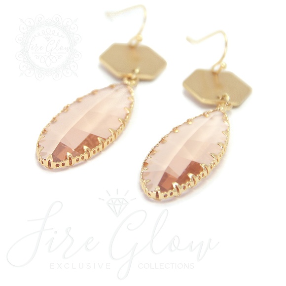 Peach Teardrop Gem Brushed Gold Tone Hex Earrings - Picture 8 of 15